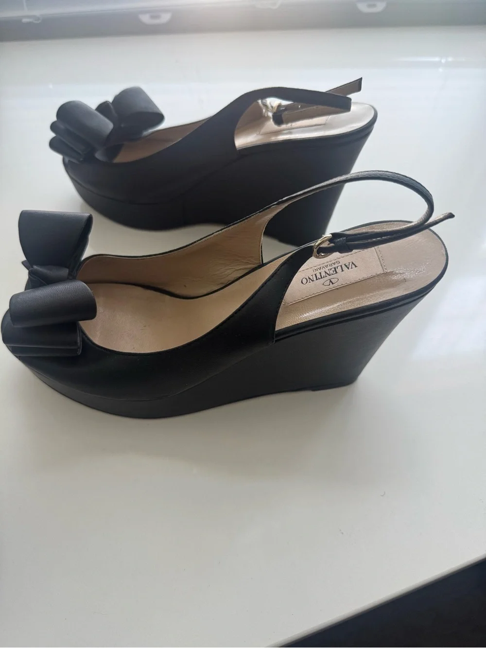 Valentino Black Bow Slingback Wedge Sandals